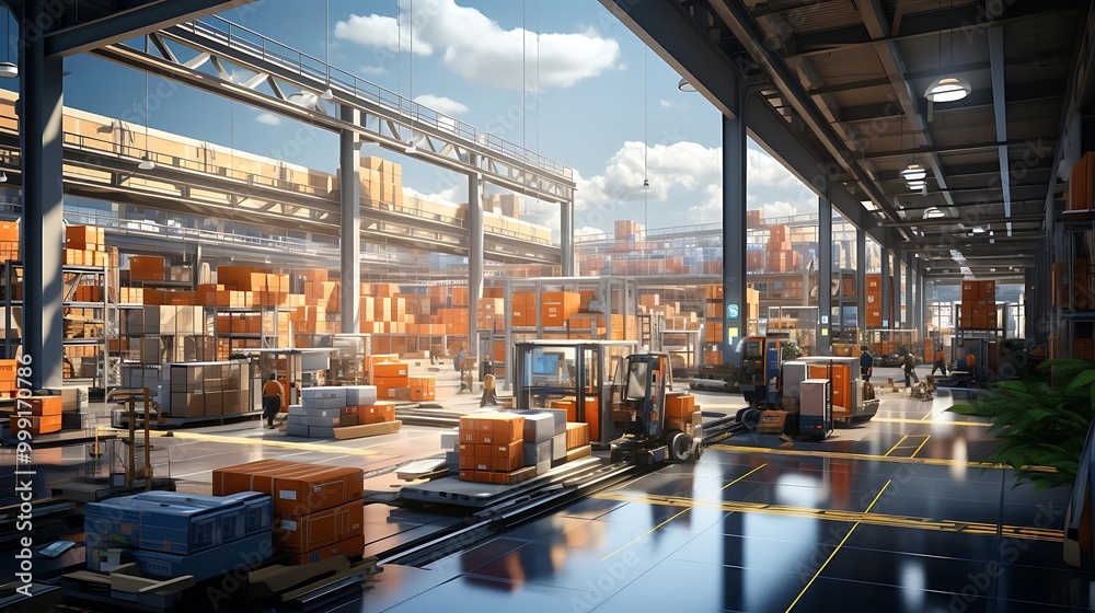 Fototapeta premium A busy warehouse filled with stacked boxes and forklifts for efficient logistics operations.