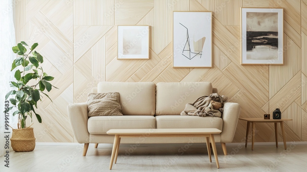 Obraz premium A modern Scandinavian interior photo of a residential living room with walls and sofas that are finished in nice patterns using wood panels. Generative AI 