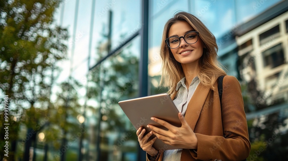 Confident Woman Using Tablet in Urban Setting Confident Woman Using Tablet in Urban Setting