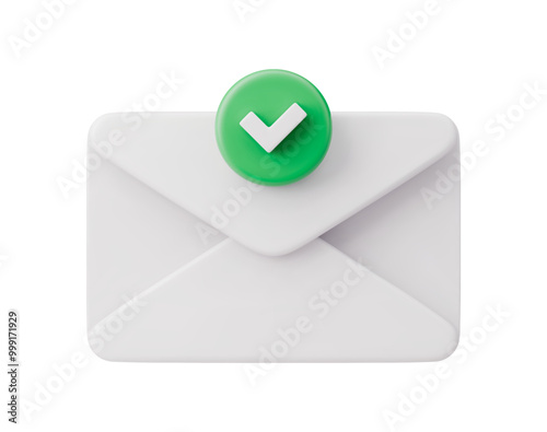 White realistic mail with check mark. Green tick in envelope. Realistic 3D verified letter. Notification, communication icon. Isolated message on a white background.