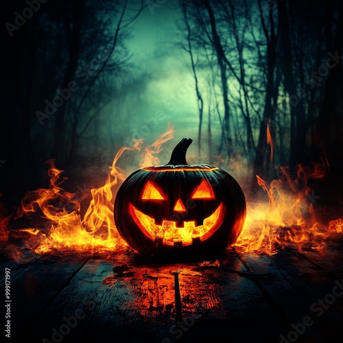 Spooky Halloween night with pumpkin lantern and haunted wood backdrop Haunted Halloween night with wooden pumpkin, flames, and misty background creating fear photo