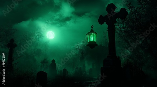 Spooky Halloween night with a glowing green lantern in a foggy cemetery landscape photo