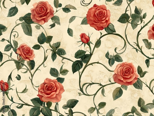 A floral pattern of roses and vines is painted on a white background