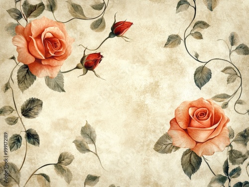 A floral pattern of roses and vines is painted on a white background