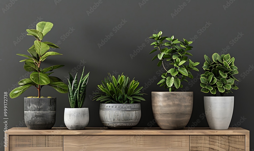 Obraz premium Indoor potted plants on top of dresser an old wooden chest of drawers