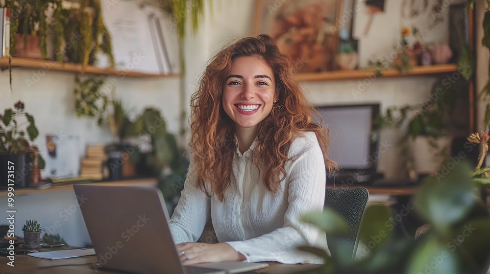 Smiling Woman Working at Desk with Laptop and Plants Smiling Woman Working at Desk with Laptop and Plants