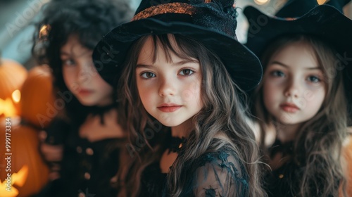 Girls Celebrating Halloween with Pumpkins and Costumes