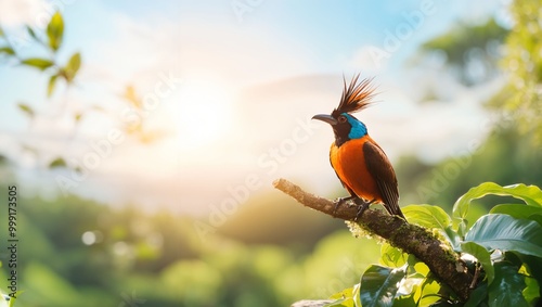 A Vibrant Celebration of Nature: A Colorful Bird Sits Majestically on a Branch, Bathed in Golden Light Against a Stunning, Lush Background of a Tropical Paradise. photo