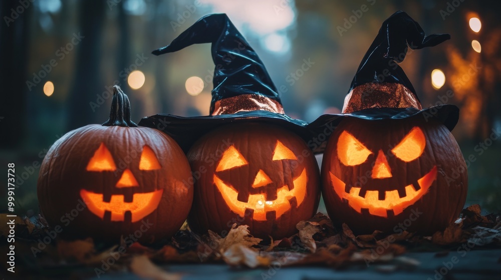 Naklejka premium Girls Celebrating Halloween with Pumpkins and Costumes