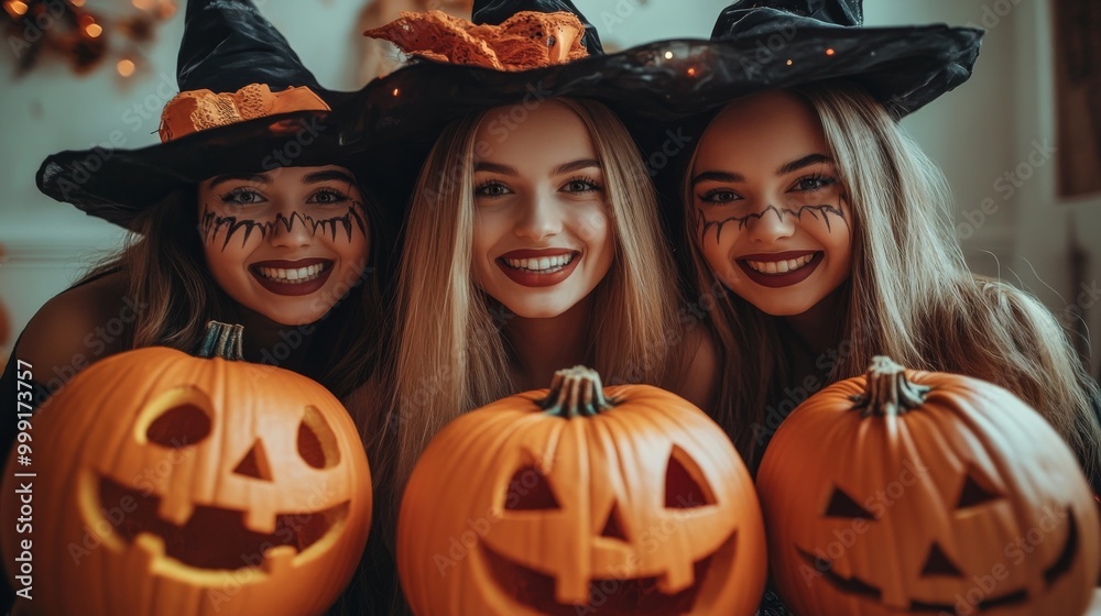 Girls Celebrating Halloween with Pumpkins and Costumes Girls Celebrating Halloween with Pumpkins and Costumes