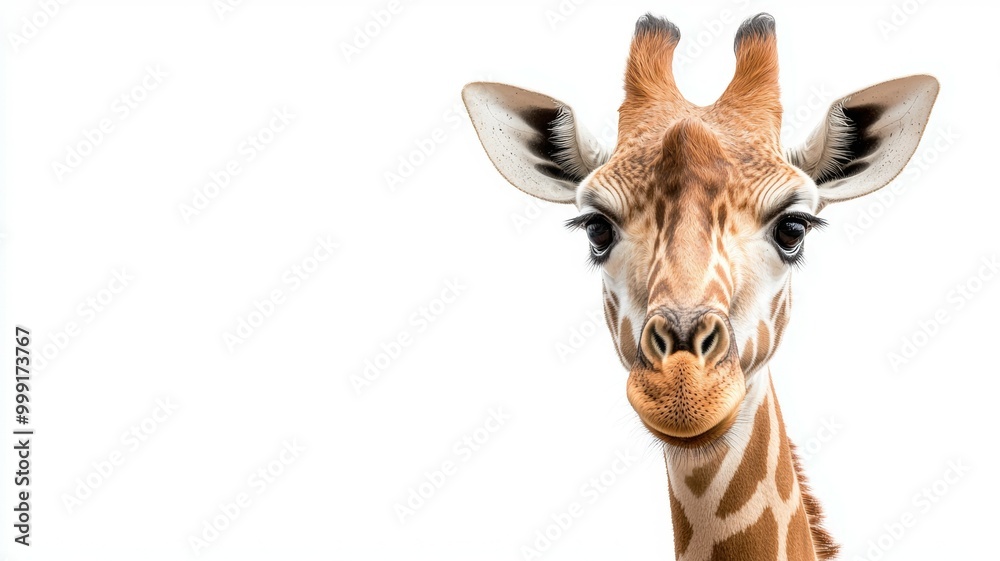 Fototapeta premium A giraffe is looking at the camera with its mouth open