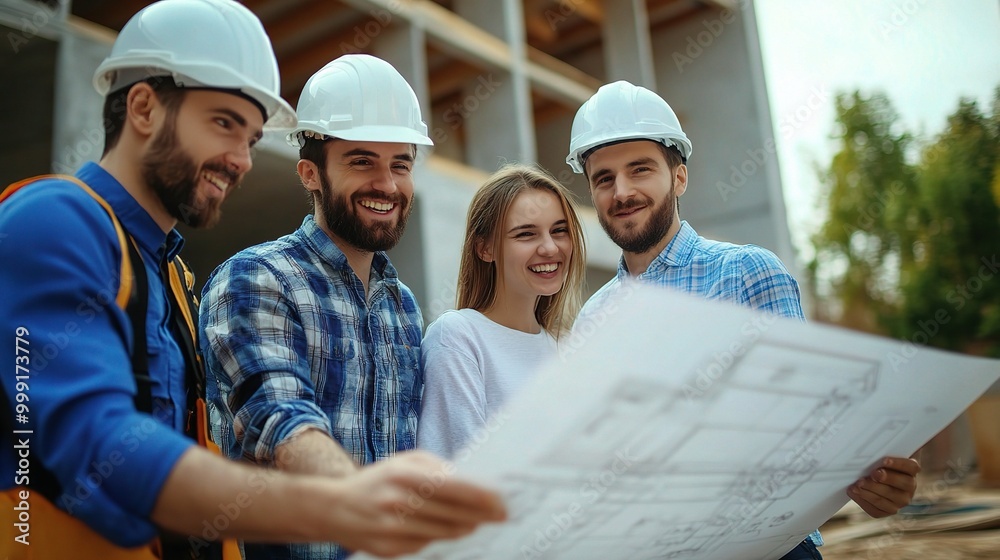 Happy Team Reviewing Construction Plans Together Happy Team Reviewing Construction Plans Together