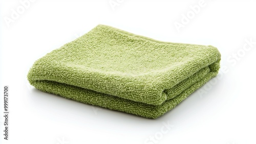 A green towel is laying on a white background