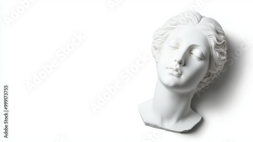 A white statue of a woman's head is on a white background