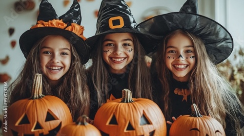 Girls Celebrating Halloween with Pumpkins and Costumes