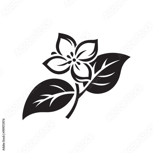 Black and White Jasmine Flower Silhouette - A Timeless and Clean Floral Icon, Ideal for Use in Minimalist Design Projects, Botanical Illustrations, or as a Decorative Element in Natural Branding. 