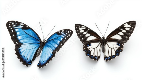 Two butterflies, one blue and one white, are shown side by side