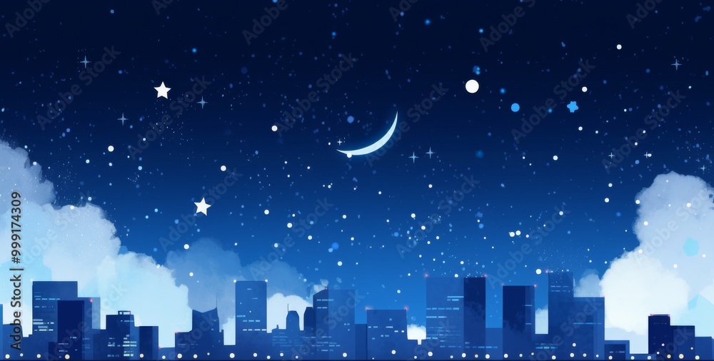 a City Skyline at Night with Stars, Moon, and Silhouetted Buildings, Minimalist Design in Blue Color Scheme a City Skyline at Night with Stars, Moon, and Silhouetted Buildings, Minimalist Design in Blue Color Scheme