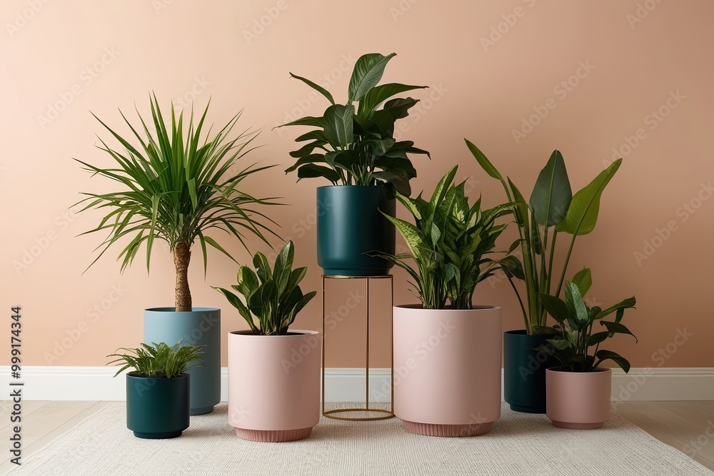 Fototapeta premium Elegant Indoor Plants in Chic Containers Against a Refined Pastel Background