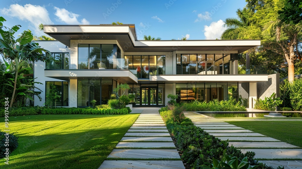 Luxury Home Exterior: Modern and Stylish Contemporary Design with Large Lawn, Paved Walkway, and Lush Greenery Luxury Home Exterior: Modern and Stylish Contemporary Design with Large Lawn, Paved Walkway, and Lush Greenery