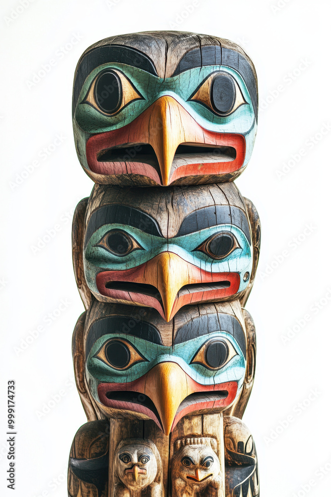A vibrant, intricately carved totem pole featuring three colorful bird figures symbolizing cultural heritage and tradition. A vibrant, intricately carved totem pole featuring three colorful bird figures symbolizing cultural heritage and tradition.