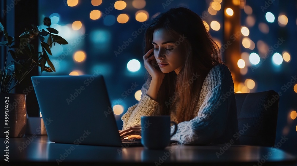 Evening Reflection: Woman Working at Laptop Evening Reflection: Woman Working at Laptop
