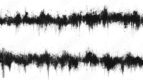 Bold uneven lines with drips and splashes on white background creating dynamic grungy texture. Abstract black ink splatter pattern resembling sound waves or audio frequencies photo