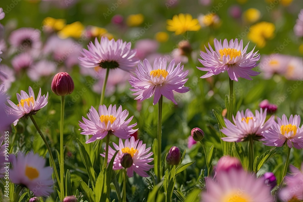Obraz premium Brilliant Sunlit Flower Meadow Showcasing the Essence of Spring in Stunning Macro Photography