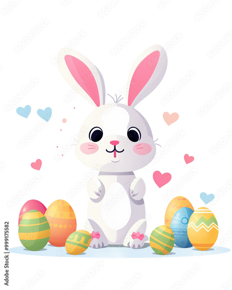A cute rabbit is sitting in front of a bunch of Easter eggs A cute rabbit is sitting in front of a bunch of Easter eggs