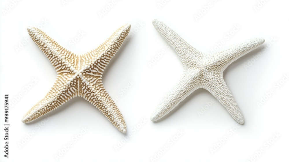 Two starfish are shown side by side, one white and one tan Two starfish are shown side by side, one white and one tan