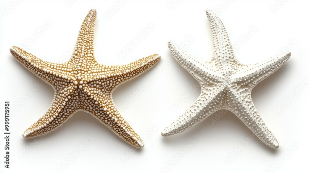 Two starfish are shown side by side, one is white and the other is brown Two starfish are shown side by side, one is white and the other is brown