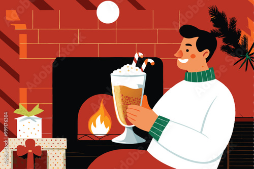 A man in a white sweater with green stripes sips eggnog in front of a fireplace.