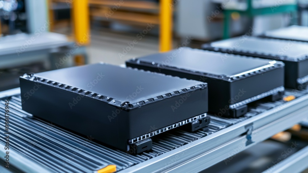 Three black boxes are on a conveyor belt Three black boxes are on a conveyor belt