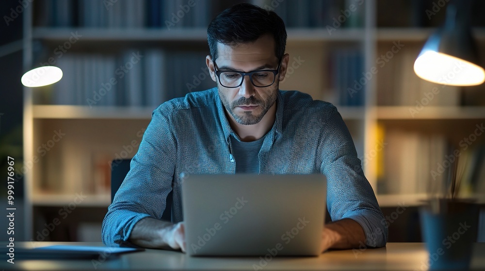 Focused Man Working on Laptop in Dim Lighting Focused Man Working on Laptop in Dim Lighting