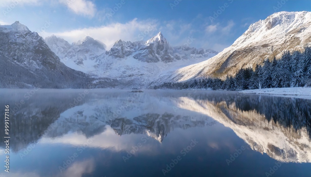 Snow-capped peaks reflected in a tranquil alpine lake during winter Snow-capped peaks reflected in a tranquil alpine lake during winter
