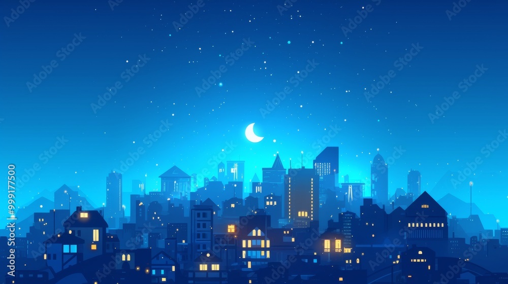 a City Skyline at Night with Stars and Moon, Urban Glow Against Dark Blue Background a City Skyline at Night with Stars and Moon, Urban Glow Against Dark Blue Background