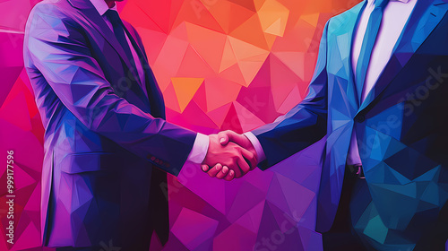 Businessmen shake hands after the successful completion of the deal. creative poster in trendy low poly style. generative ai illustration. Low Poly Art. Illustration