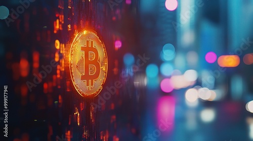 Bitcoin Symbol Against Blurred Urban Background photo