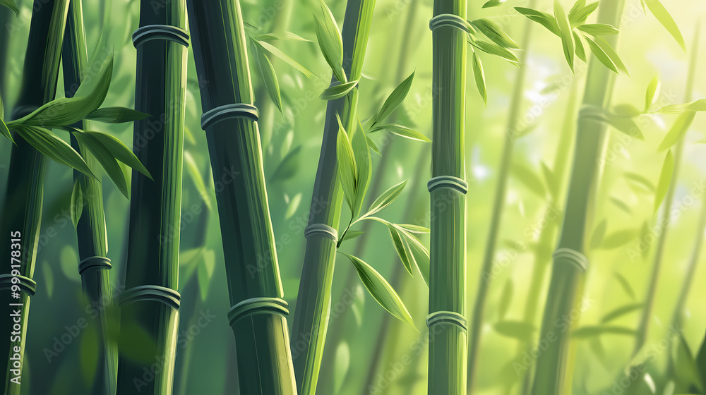 Fototapeta premium Close-up of bamboo stalks creating a serene and peaceful environment, symbolizing nature and tranquility. Bamboo Forest. Illustration
