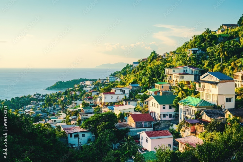 Obraz premium Tropical hillside town overlooking the ocean
