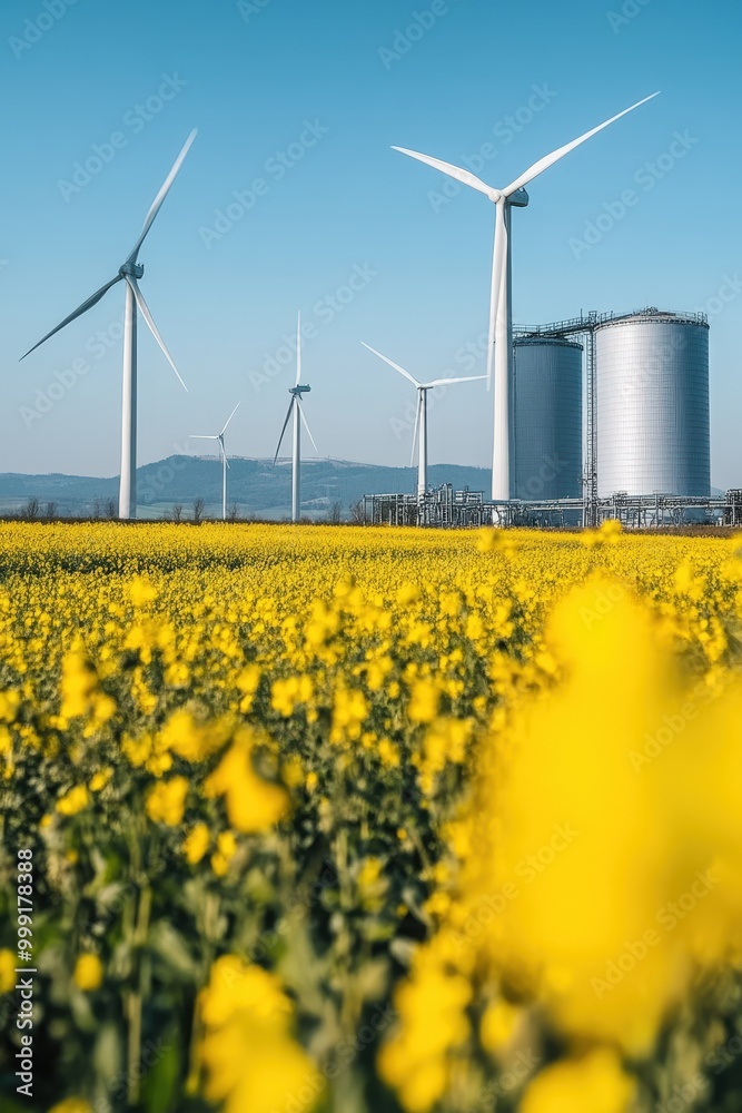 Renewable energy wind turbines in a field of yellow flowers Renewable energy wind turbines in a field of yellow flowers