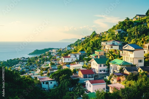 Tropical hillside town overlooking the ocean