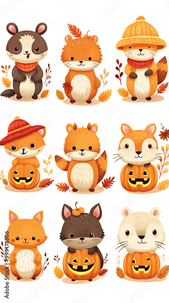Fototapeta premium A set of cute animals wearing hats and scarves, including a cat, a dog, a rabbit