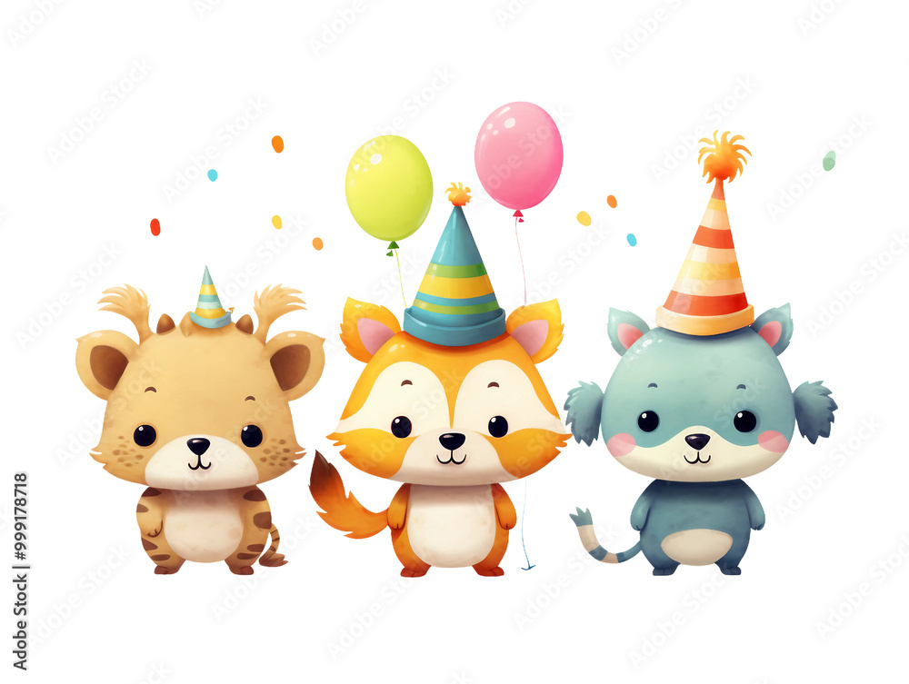 Naklejka premium Three cartoon animals wearing party hats and balloons