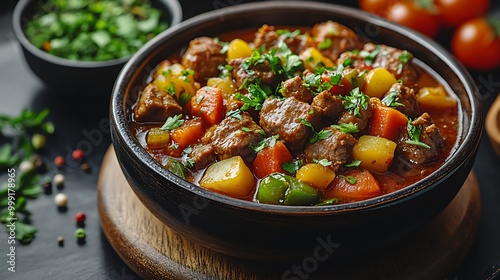 A bowl of beef stew with potatoes, carrots, peppers, and parsley.