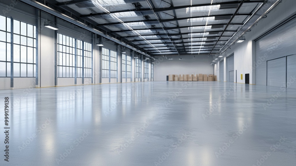 A large, empty warehouse with a lot of windows A large, empty warehouse with a lot of windows