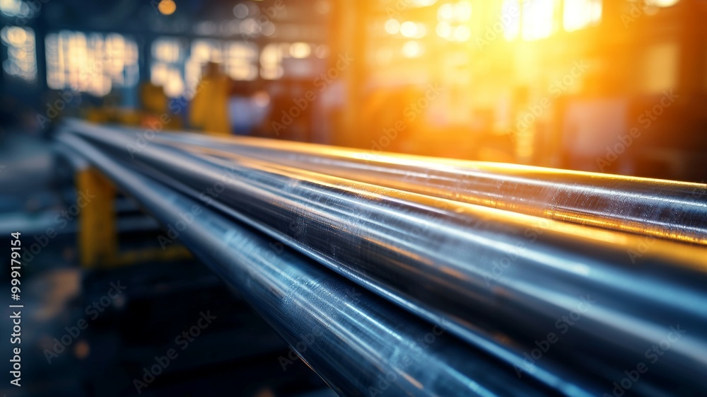 A long, shiny metal pipe is shown in a factory setting