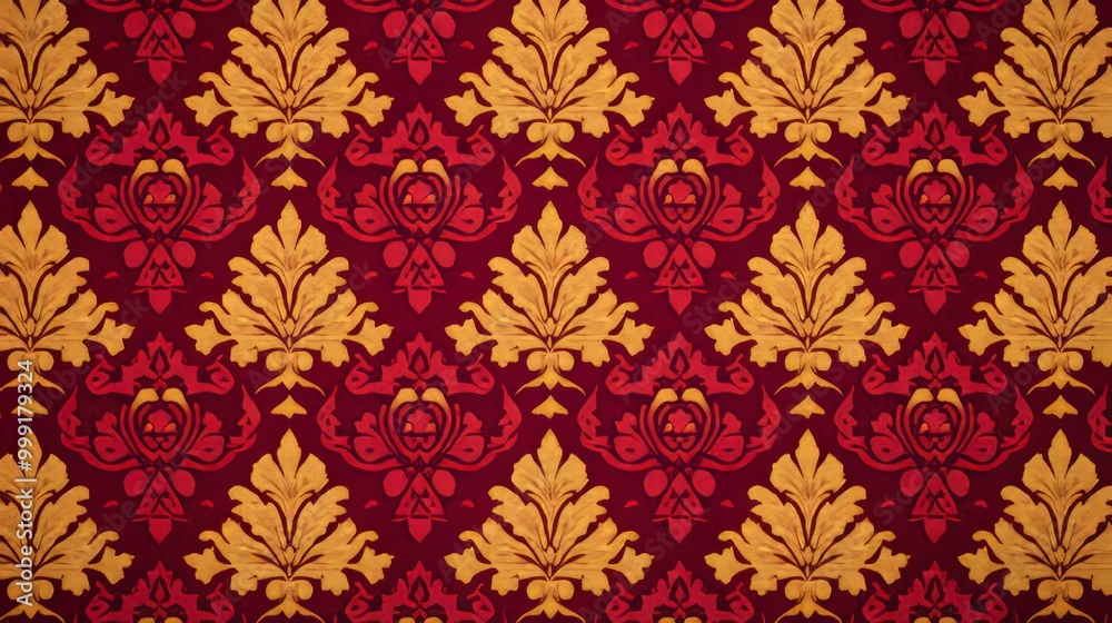 Seamless pattern with golden floral motifs on a rich red background. Seamless pattern with golden floral motifs on a rich red background.