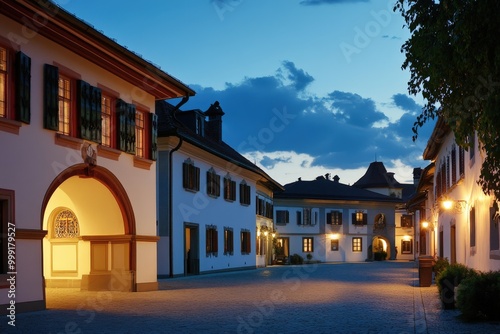 Charming old town square at night