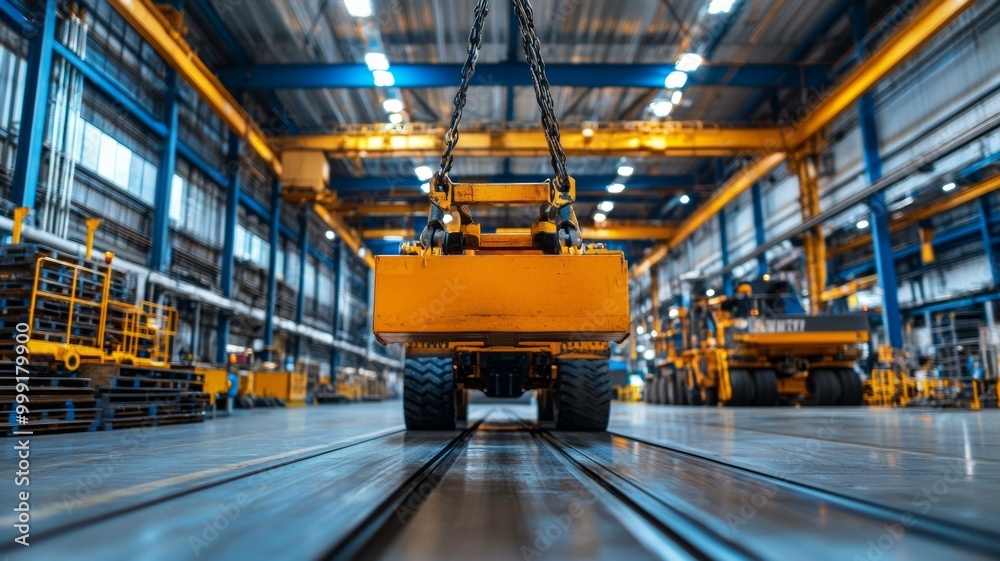 A large yellow truck is being lifted by a crane in a large industrial building A large yellow truck is being lifted by a crane in a large industrial building